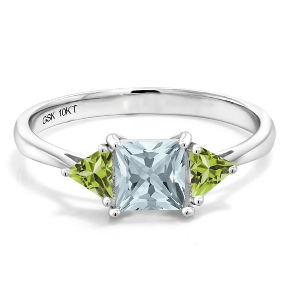 Gem Stone King 10K White Gold Sky Blue Aquamarine and Green Peridot 3 Stone Engagement Ring for Women (0.86 Cttw, Gemstone March Birthstone, Princess Center 5MM, Trillion 3.5MM, Size 5)
