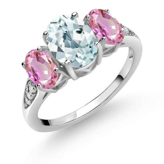 Gem Stone King 10K White Gold Sky Blue Aquamarine Pink Sapphire and White Lab Grown Diamond 3 Stone Engagement Ring for Women (2.44 Cttw, Gemstone Birthstone, Size 7)