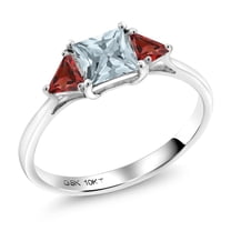 Gem Stone King 10K White Gold Sky Blue Aquamarine and Red Garnet 3 Stone Engagement Ring for Women (0.90 Cttw, Gemstone March Birthstone, Princess Center 5MM, Trillion 3.5MM, Size 8)