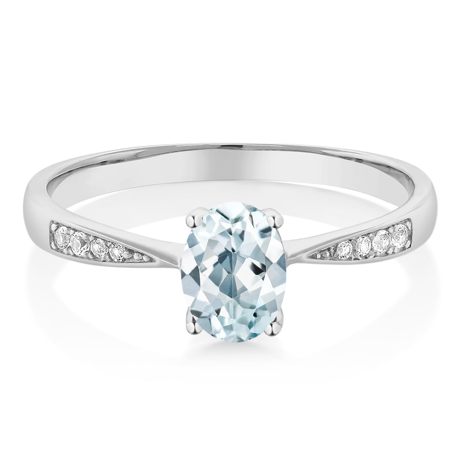 Gem Stone King 10K White Gold Sky Blue Aquamarine and White Diamond Engagement Ring for Women (0.78 Cttw, Gemstone March Birthstone, Oval 7X5MM, Available in Size 5, 6, 7, 8, 9)