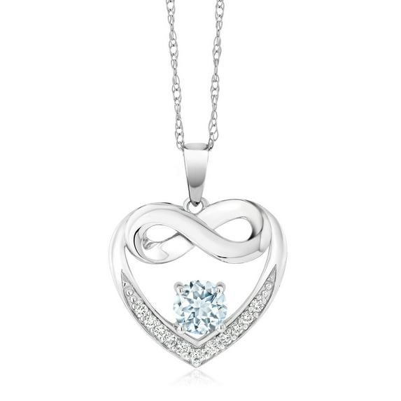 Gem Stone King 10K White Gold Sky Blue Aquamarine and White Lab Grown Diamond Heart and Infinity Pendant Necklace for Women (0.92 Cttw, Round 5MM, with 18 inch Silver Chain)