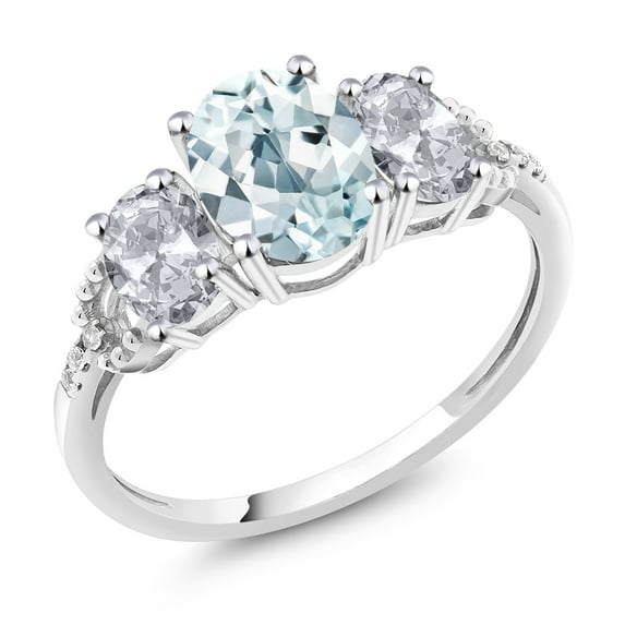 Gem Stone King 10K White Gold Sky Blue Aquamarine White Topaz and Diamond Accent 3-Stone Engagement Ring for Women (2.15 Cttw)
