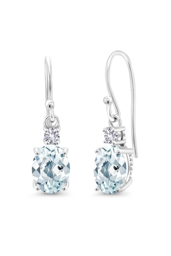 10K White Gold Sky Blue Aquamarine and White Created Sapphire Dangle Earrings for Women (2.30 Cttw, Gemstone Birthstone, Oval 8x6mm)