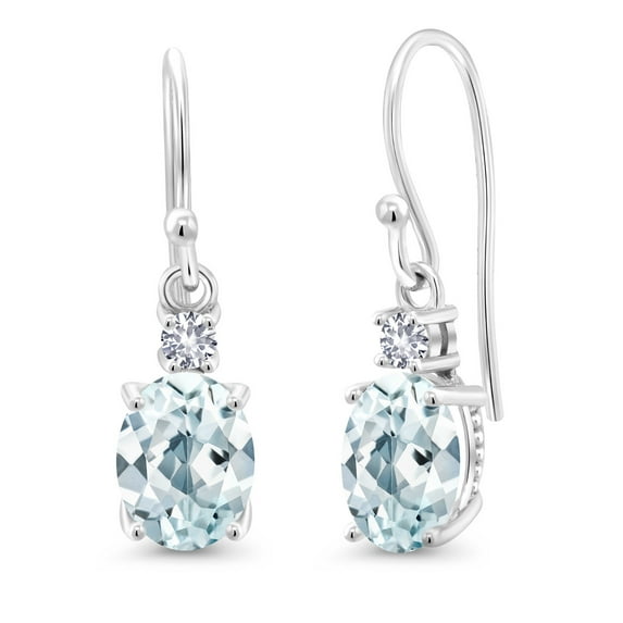 Gem Stone King 10K White Gold Sky Blue Aquamarine and White Created Sapphire Dangle Earrings for Women (2.30 Cttw, Gemstone Birthstone, Oval 8x6mm)
