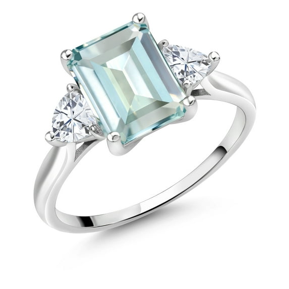 Gem Stone King 10K White Gold Sky Blue Simulated Aquamarine and White Moissanite 3 Stone Engagement Ring for Women (2.76 Cttw, Octagon 9X7MM, Gemstone March Birthstone, Size 6.5)