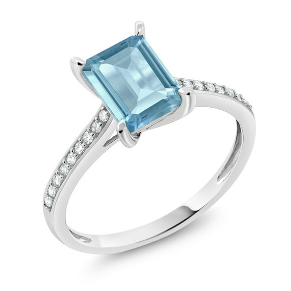 Gem Stone King 10K White Gold Sky Blue Topaz and White Diamond Engagement Ring for Women (1.03 Cttw, Emerald Cut 8X6MM, Gemstone November Birthstone, Available in Size 5, 6, 7, 8, 9)