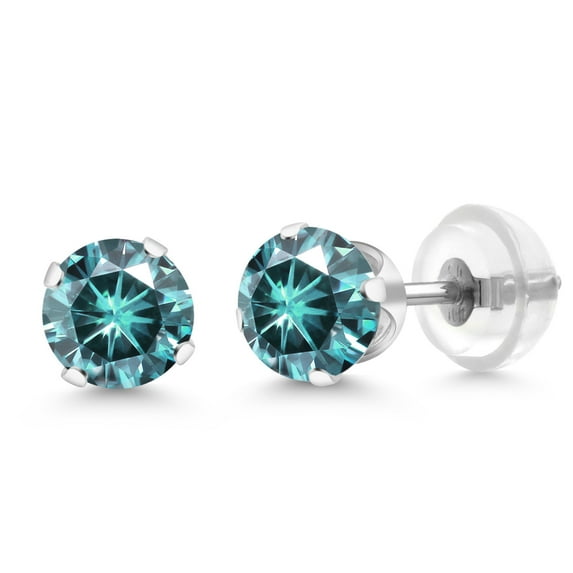 Gem Stone King 10K White Gold Stud Earrings for Women Men Blue Round Moissanite 1.00cttw