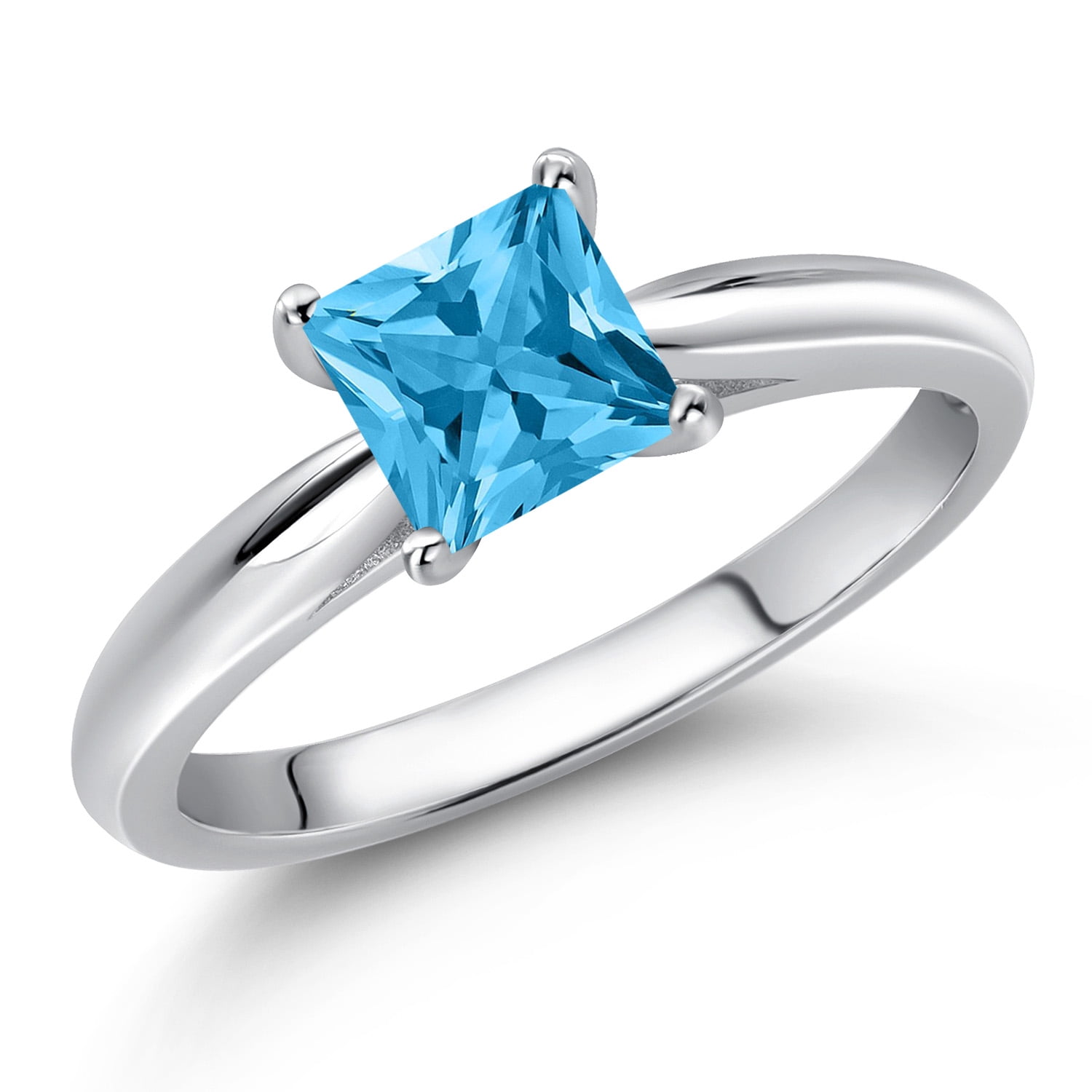 Gem Stone King 10K White Gold Swiss Blue Topaz Engagement Ring for Women | 0.80 Cttw | Princess 5MM | Gemstone November Birthstone | Size 6