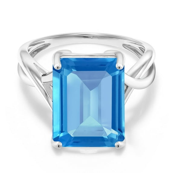 Gem Stone King 10K White Gold Swiss Blue Topaz Engagement Ring for Women | 7.00 Cttw | Emerald Cut 14X10MM | Gemstone November Birthstone | Size 5