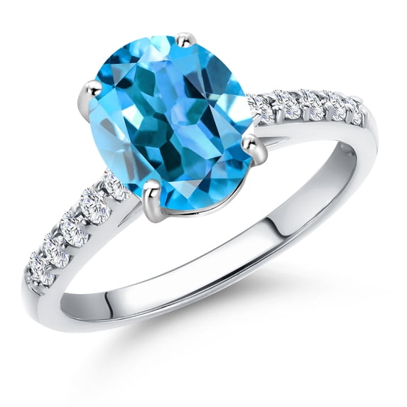Gem Stone King 10K White Gold Swiss Blue Topaz and Lab Grown Diamond Engagement Ring for Women | 2.45 Cttw | Oval 9X7MM | Gemstone November Birthstone | Size 5