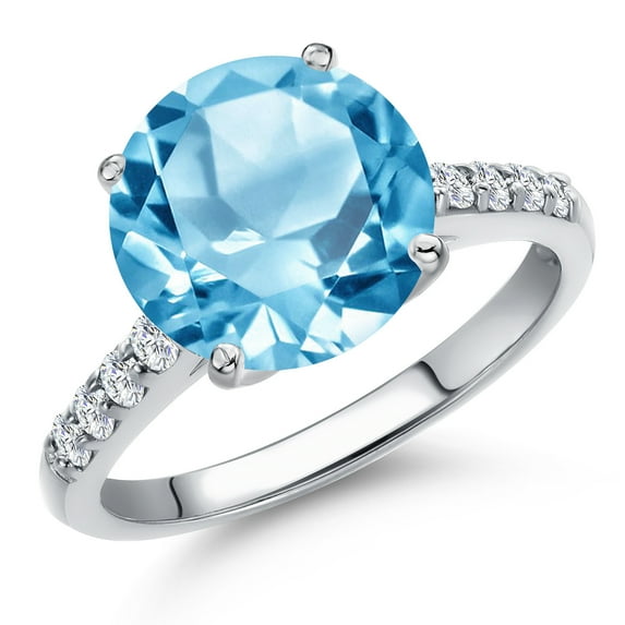 Gem Stone King 10K White Gold Swiss Blue Topaz and Lab Grown Diamond Engagement Ring for Women | 4.76 Cttw | Round 10MM | Gemstone November Birthstone | Size 5