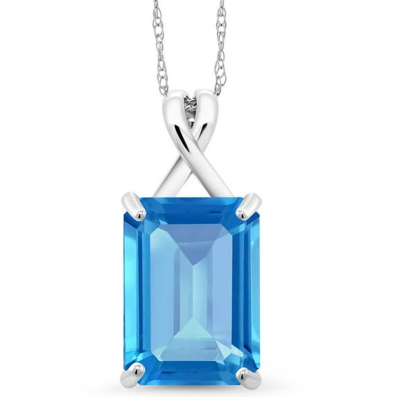 Gem Stone King 10K White Gold Swiss Blue Topaz Pendant Necklace for Women (7.00 Cttw, Gemstone November Birthstone, Emerald Cut Cut 14x10MM, with 18 inch Chain)