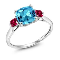 Gem Stone King 10K White Gold Swiss Blue Topaz and Red Created Ruby 3 Stone Engagement Ring for Women (2.15 Cttw, Cushion 7MM, Gemstone November Birthstone, Size 5)