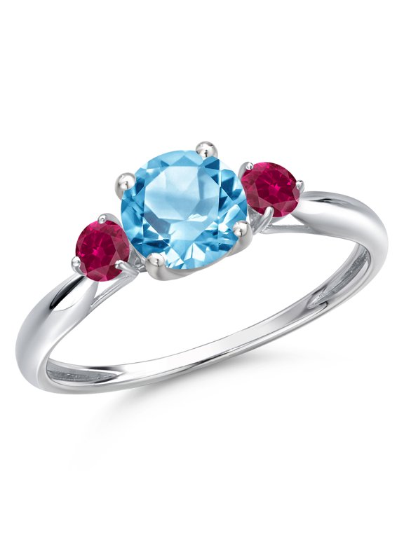 10K White Gold Swiss Blue Topaz and Red Created Ruby 3-Stone Ring for Women | 1.28 Cttw | Round 6MM | Gemstone Birthstone | Wedding Engagement Anniversary Ring for Women| Size 6
