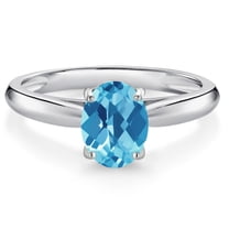 Gem Stone King 10K White Gold Swiss Blue Topaz Solitaire Engagement Ring for Women (1.30 Cttw, Oval Checkerboard 8X6MM, Gemstone November Birthstone, Size 7)