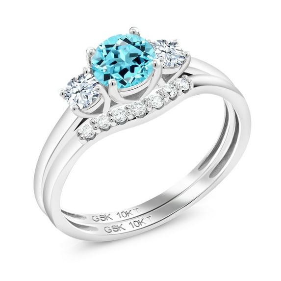Gem Stone King 10K White Gold Swiss Blue Topaz and White Created Sapphire and Lab Grown Diamond 3-Stone Bridal Engagement Wedding Ring Set for Women (0.88 Cttw, 5MM, Size 5,6,7,8,9)