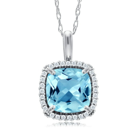 Gem Stone King 10K White Gold Swiss Blue Topaz and White Diamond Pendant Necklace for Women (2.05 Cttw, Gemstone November Birthstone, Cushion Cut 7MM, with 18 inch Chain)