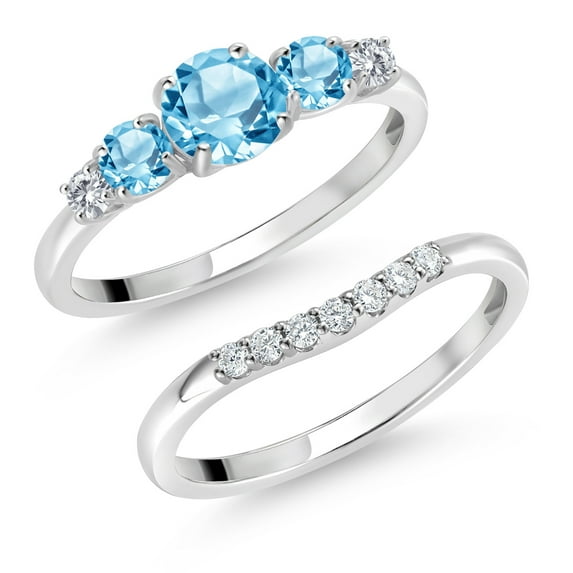Gem Stone King 10K White Gold Swiss Blue Topaz and White Lab Grown Diamond 5 Stone Bridal Engagement Wedding Ring Set for Women (1.06 Cttw, Round: 5MM and 3MM, Size 8)
