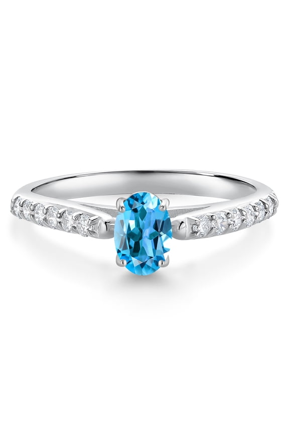 10K White Gold Swiss Blue Topaz and White Lab Grown Diamond Engagement Ring for Women (0.73 Cttw, Oval 6X4MM, Gemstone November Birthstone, Size 8)