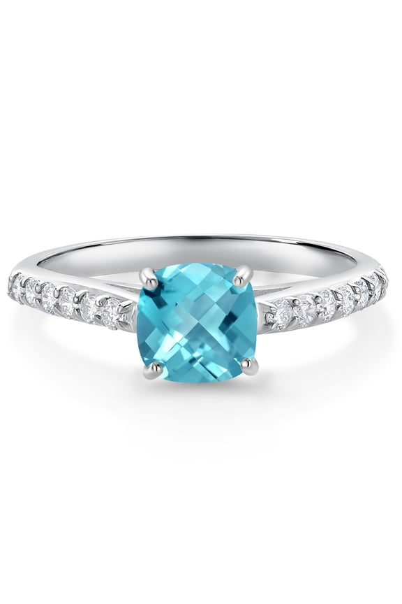 10K White Gold Swiss Blue Topaz and White Lab Grown Diamond Engagement Ring for Women (1.30 Cttw, Gemstone November Birthstone, Cushion Checkerboard 6MM, Size 8)