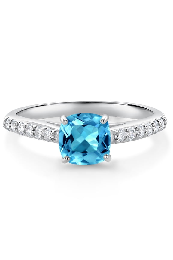 10K White Gold Swiss Blue Topaz and White Lab Grown Diamond Engagement Ring for Women (1.33 Cttw, Gemstone November Birthstone, Cushion 6MM, Size 7)