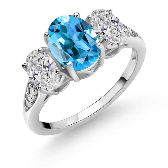 Gem Stone King 10K White Gold Swiss Blue Topaz and White Lab Grown Diamond Engagement Ring for Women | 2.34 Cttw | Oval 8X6MM | Gemstone Birthstone | Available in Size 5,6,7,8,9