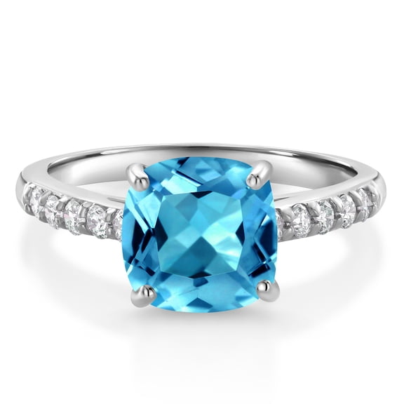 Gem Stone King 10K White Gold Swiss Blue Topaz and White Lab Grown Diamond Engagement Ring for Women (2.50 Cttw, Cushion 8MM, Gemstone November Birthstone, Size 9)
