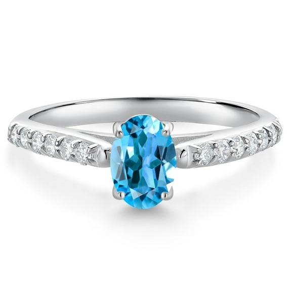 Gem Stone King 10K White Gold Swiss Blue Topaz and White Lab Grown Diamond Soitaire Engagement Ring for Women (1.18 Cttw, Oval 7X5MM, Gemstone November Birthstone, Available in Size 5, 6, 7, 8, 9)