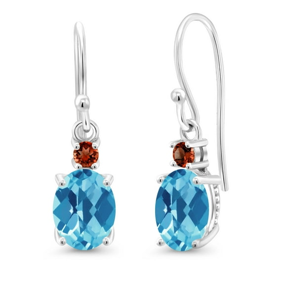 Gem Stone King 10K White Gold Swiss Blue Topaz and Red Garnet Dangle Earrings for Women (2.78 Cttw, Gemstone Birthstone, Oval 8x6mm)