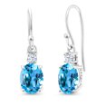 thumbnail image 1 of Gem Stone King 10K White Gold Swiss Blue Topaz and White Created Sapphire Dangle Earrings for Women (2.70 Cttw, Gemstone Birthstone, Oval 8x6mm), 1 of 5