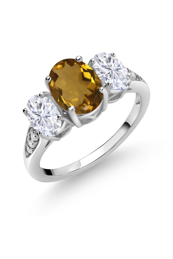 10K White Gold Whiskey Quartz White Moissanite and White Lab Grown Diamond 3 Stone Engagement Ring for Women (2.04 Cttw, Gemstone Birthstone, Available in Size 5, 6, 7, 8, 9)