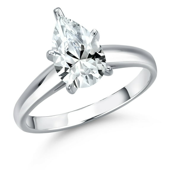 Gem Stone King 10K White Gold White Created Sapphire Engagement Ring for Women | 1.58 Cttw | Pear Shape 9X6MM | Gemstone September Birthstone | Size 8