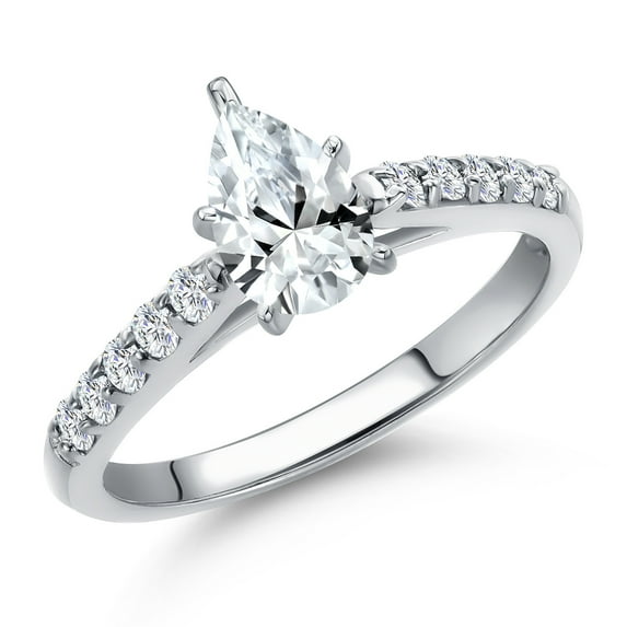 Gem Stone King 10K White Gold White Created Sapphire and Lab Grown Diamond Engagement Ring for Women | 1.31 Cttw | Pear Shape 8X5MM | Gemstone September Birthstone | Size 9