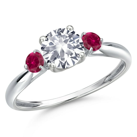 Gem Stone King 10K White Gold White Created Sapphire and Red Created Ruby 3-Stone Ring for Women | 1.28 Cttw | Round 6MM | Gemstone September Birthstone | Size 7