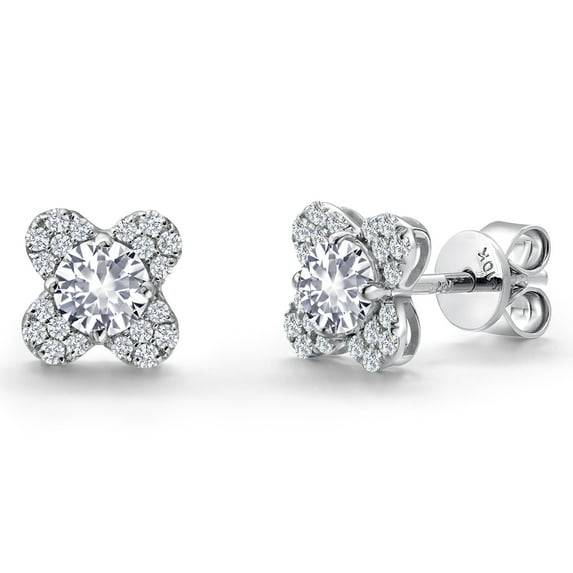 Gem Stone King 10K White Gold White Created Sapphire and White Lab Grown Diamond Stud Earrings for Women | 0.62 Cttw | Gemstone September Birthstone | Round 4MM