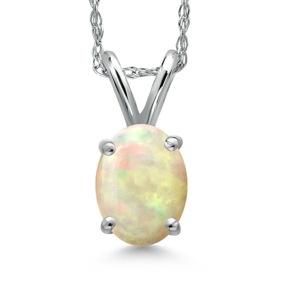 Gem Stone King 10K White Gold White Ethiopian Opal Pendant Necklace for Women | 0.51 Cttw | Gemstone October Birthstone | Oval Cabochon 7X5MM | With 18 inch Chain