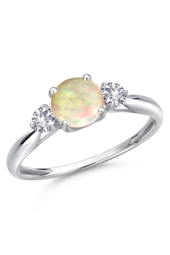 10K White Gold White Ethiopian Opal and White Created Sapphire 3-Stone Ring for Women | 0.82 Cttw | Round Cabochon 6MM | Gemstone October Birthstone | Size 5