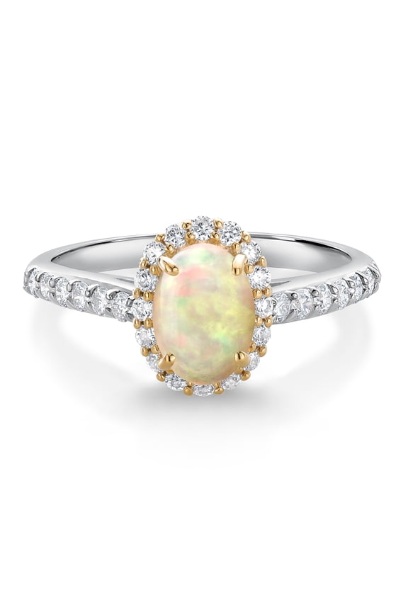 10K White Gold White Ethiopian Opal White White Lab Grown Diamond Halo Engagement Ring for Women (0.82 Cttw, Oval Cabochon 7X5MM, Gemstone, Size 5)