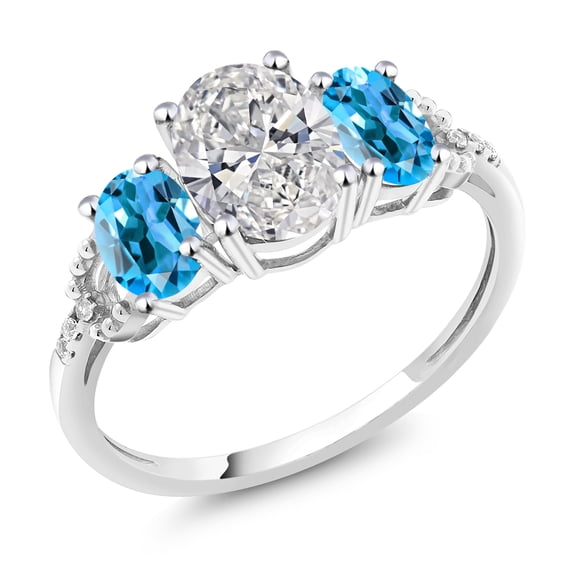 Gem Stone King 10K White Gold White IGI Certified Lab Grown Diamond and Swiss Blue Topaz 3-Stone Engagement Ring for Women | 2.66 Cttw | Center 1.5 Ct Diamond | D-E Color | VS1-VS2 Clarity | Size 8