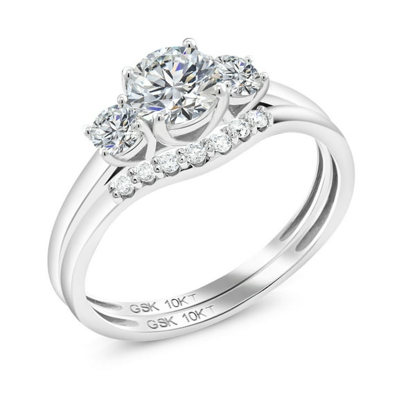 Gem Stone King 10K White Gold White Lab Grown Diamond 3-Stone Bridal Engagement Wedding Ring Set for Women | 0.75 Cttw | DEF Color | VVS-VS Clarity | Round 5MM and 3MM | Size 5,6,7,8,9