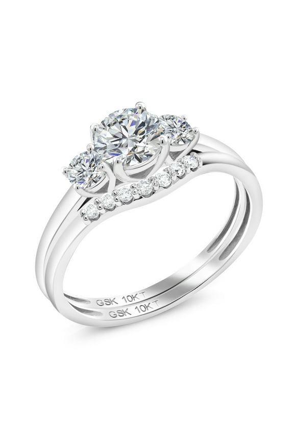 10K White Gold White Lab Grown Diamond 3-Stone Bridal Engagement Wedding Ring Set for Women | 0.75 Cttw | DEF Color | VVS-VS Clarity | Round 5MM and 3MM | Size 5,6,7,8,9