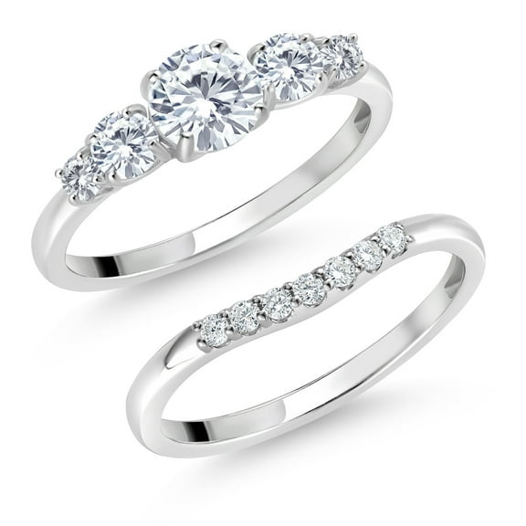 Gem Stone King 10K White Gold White Lab Grown Diamond 5-Stone Bridal Engagement Wedding Ring Set for Women | 0.81 Cttw | Round: 5MM and 3MM | Wedding Anniversary Promise Ring for Women | Size 5