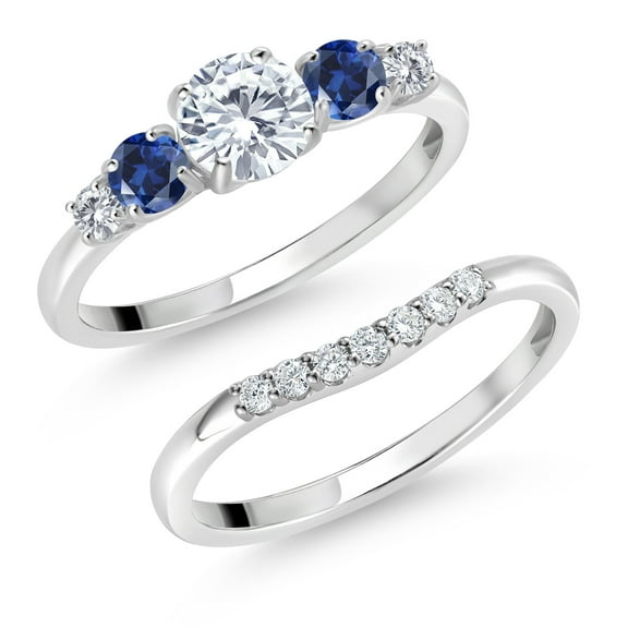 Gem Stone King 10K White Gold Lab Grown Diamond and Blue Created Sapphire 5-Stone Bridal Engagement Wedding Ring Set for Women | 0.89 Cttw | Round: 5MM and 3MM | Size 7