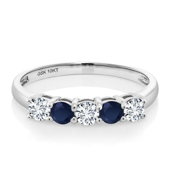 Gem Stone King 10K White Gold White Lab Grown Diamond and Blue Sapphire 5 Stone Wedding Engagement Anniversary Promise Ring for Women 0.56 Cttw, Round 3MM, Gemstone April Birthstone (Size 6)