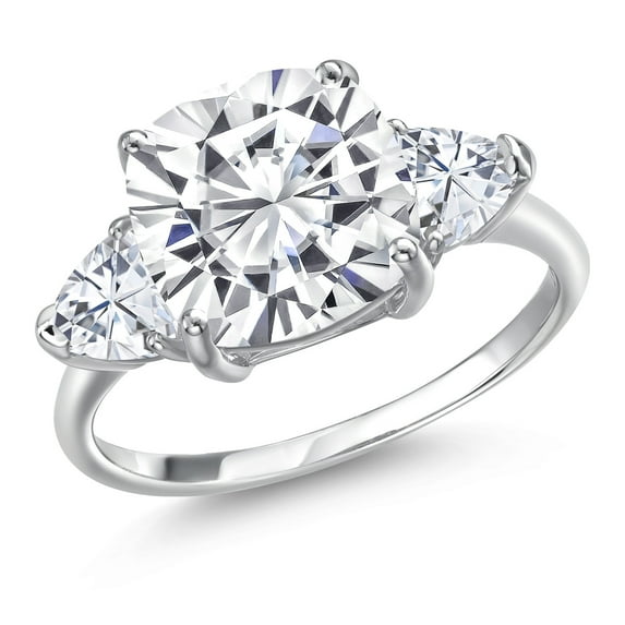 Gem Stone King 10K White Gold White Moissanite 3-Stone Engagement Ring | 5.94 Cttw | Cushion 10MM | Trillion 5MM | Three Stone Wedding Engagement Anniversary Promise Ring for Women (Size 7)