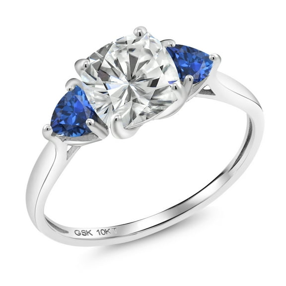 Gem Stone King 10K White Gold White Moissanite and Blue Created Sapphire 3-Stone Engagement Ring for Women (2.24 Cttw, 7MM Cushion and 4MM Trillion, Size 9)