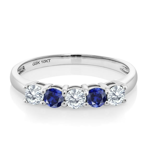 Gem Stone King 10K White Gold White Moissanite and Blue Created Sapphire 5 Stone Wedding Engagement Promise Ring for Women (0.56 Cttw, Round 3MM, Gemstone, Size 7)