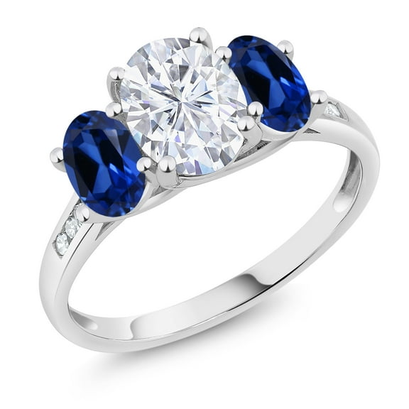 Gem Stone King 10K White Gold White Moissanite Blue Created Sapphire and White Diamond Oval 3-Stone Engagement Ring for Women (2.70 Cttw, Gemstone, Size 8)
