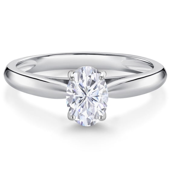 Gem Stone King 10K White Gold White Moissanite from Charles & Colvard Solitaire Engagement Ring for Women (0.90 Cttw, Oval 7X5MM, Gemstone Birthstone, Size 9)