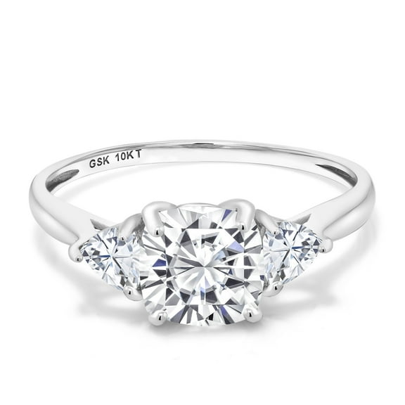 Gem Stone King 10K White Gold White Moissanite Engagement Ring | 2.16 Cttw | 7MM Cushion and 4MM Trillion | Three Stone Wedding Engagement Anniversary Promise Ring for Women (Size 6)